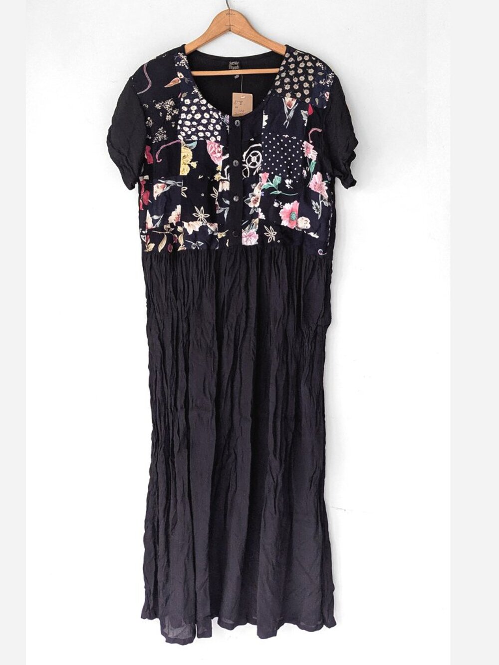 nwt 1990s vtg patchwork crinkle maxi smock dress